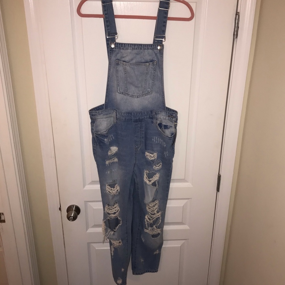 Boutique denim distressed overalls